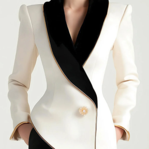 Elegant Asymmetrical White Blazer with Black Contrast Lapels