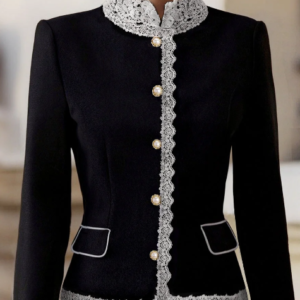 Elegant Pearl Button Blazer With Contrast Lace Trim