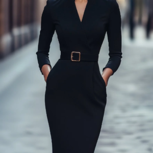 Refined Black Belted Sheath Dress with Mandarin Collar