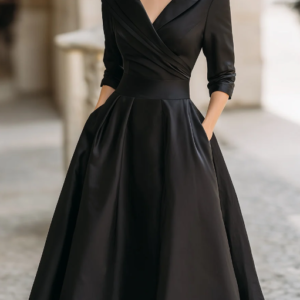 Vintage-Inspired Satin Midi Dress With Draped Collar