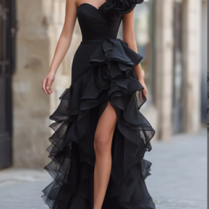 Black One-Shoulder Ruffled Evening Gown With Front Slit