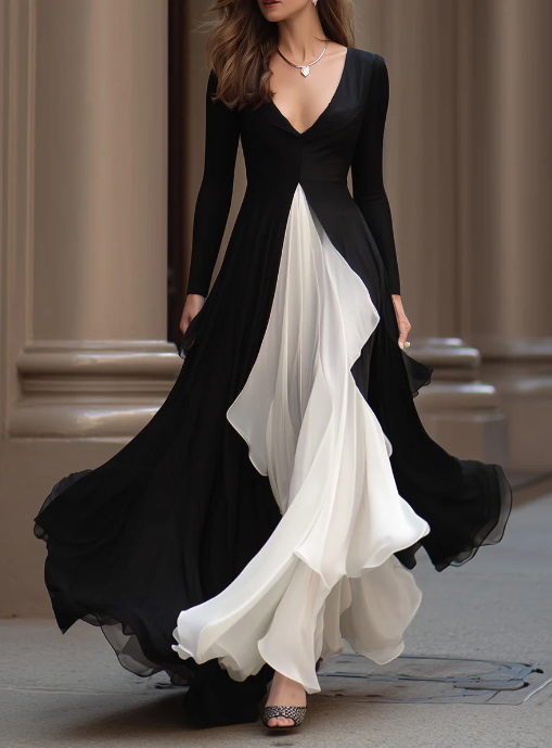 Monochrome Flowing Evening Gown With Contrast Panels