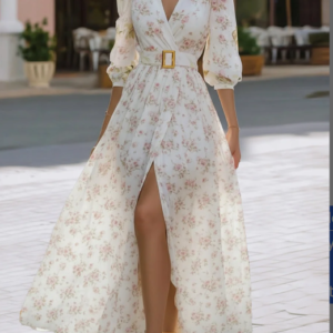 Romantic Floral Chiffon Maxi Dress With Belted Waist