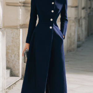 Elegant Navy Stand – Collar Maxi Coat