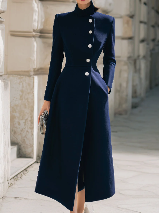 Elegant Navy Stand – Collar Maxi Coat