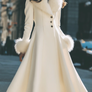 Ivory Flared Coat With Faux Fur Collar And Cuffs