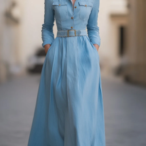 Classic Belted Denim Shirt Dress With Full Skirt
