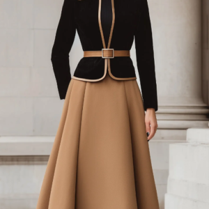 Two-Tone Trim Blazer And A-Line Midi Skirt Set