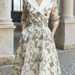 Mooyius Embroidered Mesh Midi Dress With Metallic Leaf Motif