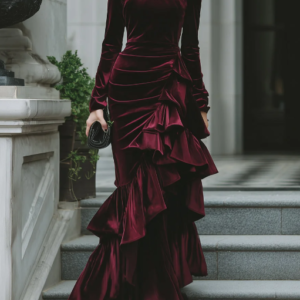 Long Sleeve Ruffled Tier Evening Gown