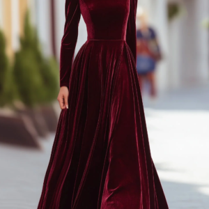 Burgundy Velvet Long-Sleeve Gown