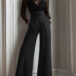 Black Lace Illusion Bodice Wide-Leg Evening Jumpsuit