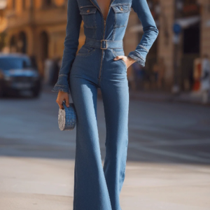 Denim Belted Jumpsuit With Flared Legs