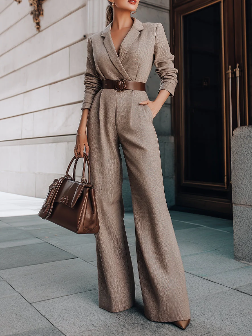 Taupe Belted Blazer Jumpsuit With Wide-Leg Silhouette