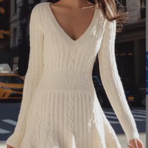 Cozy Cable Knit Sweater Dress With V-Neck And Flare Hem