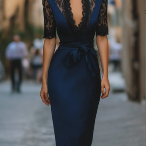 Elegant Lace-Trim V-Neck Belted Midi Dress