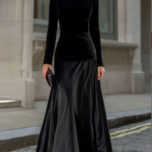 Black Velvet & Satin Long-Sleeve A-Line Evening Gown