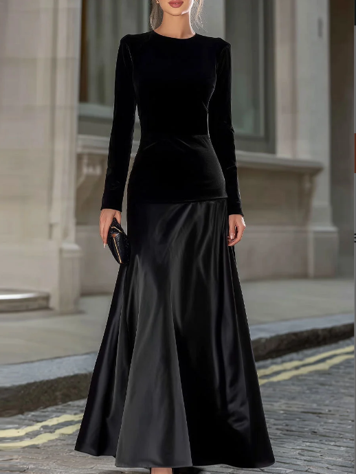Black Velvet & Satin Long-Sleeve A-Line Evening Gown