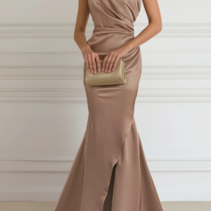 Champagne Satin One-Shoulder Gown