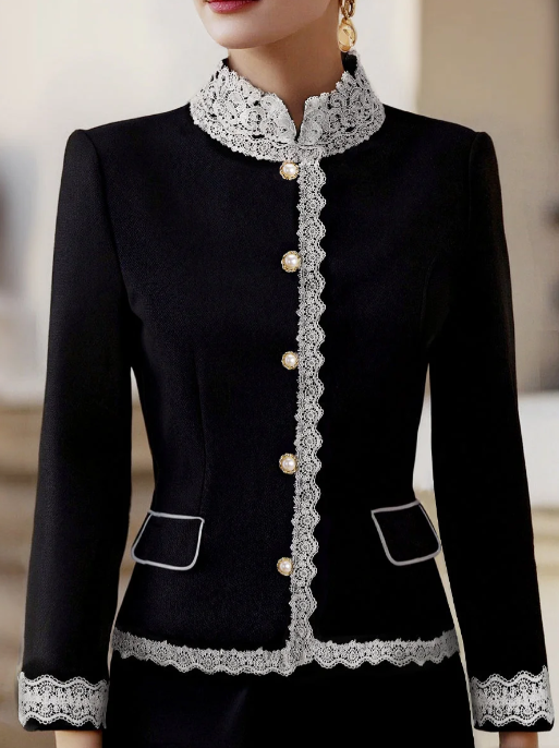 Elegant Pearl Button Blazer With Contrast Lace Trim