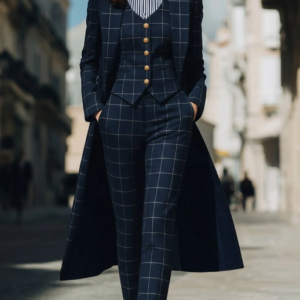 Navy Checkered Three-Piece Suit With Long Coat